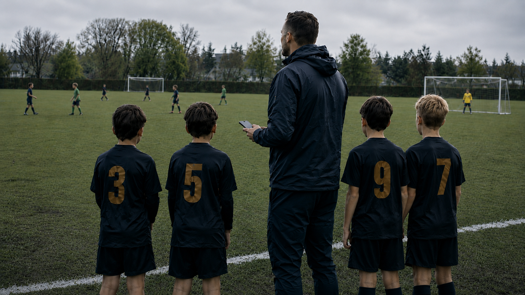 A coach checks his phone on the sideline with four substitutes in numbered jerseys lined up beside him, watching the match.
