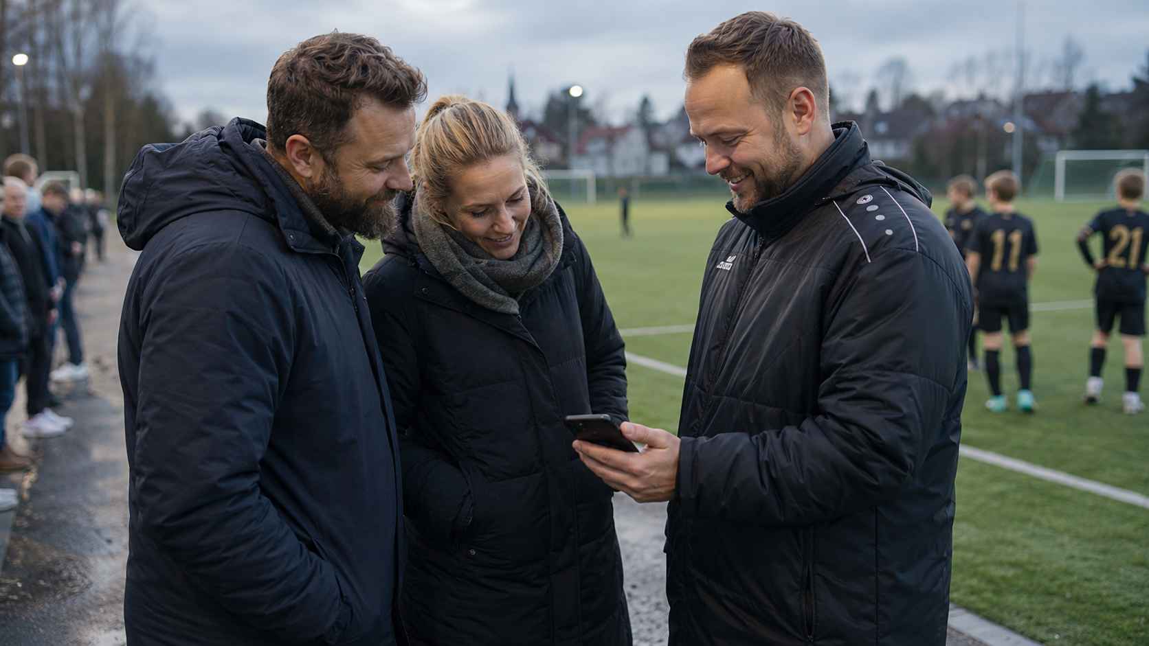 A coach shows the monthly report on his phone to two smiling parents on the sideline, with players in the background.