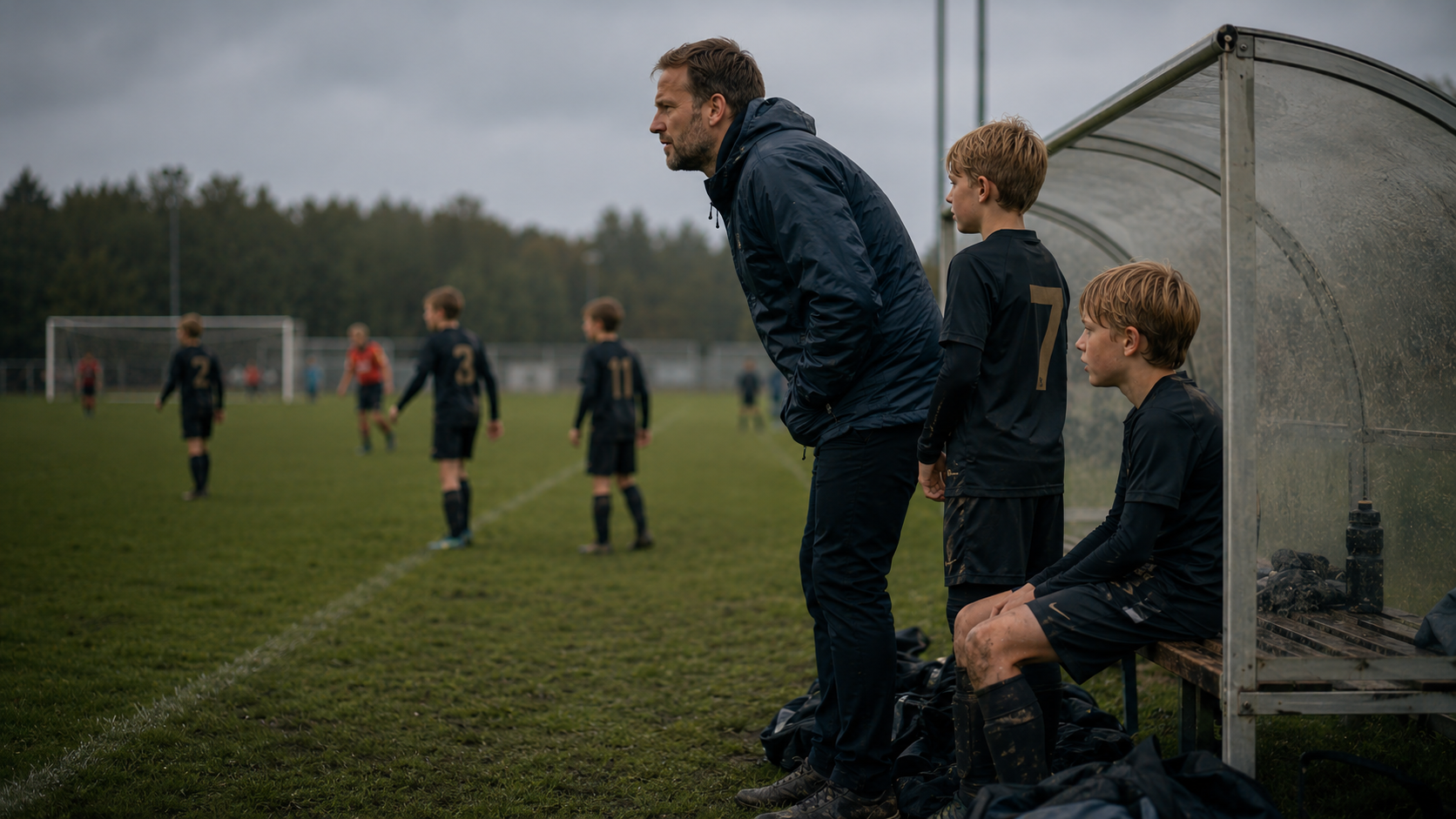 A youth soccer coach watching the players on the pitch, phone tucked away, with parents in the background on the sideline.