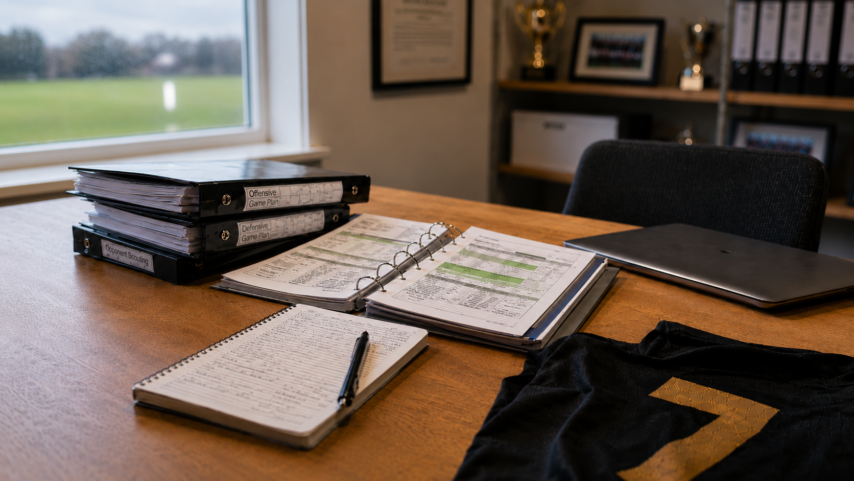A federation office desk with binders of regulations, an open rulebook with highlighted sections, a notebook of coach's notes, a laptop and a kit, with the pitch visible through the window.