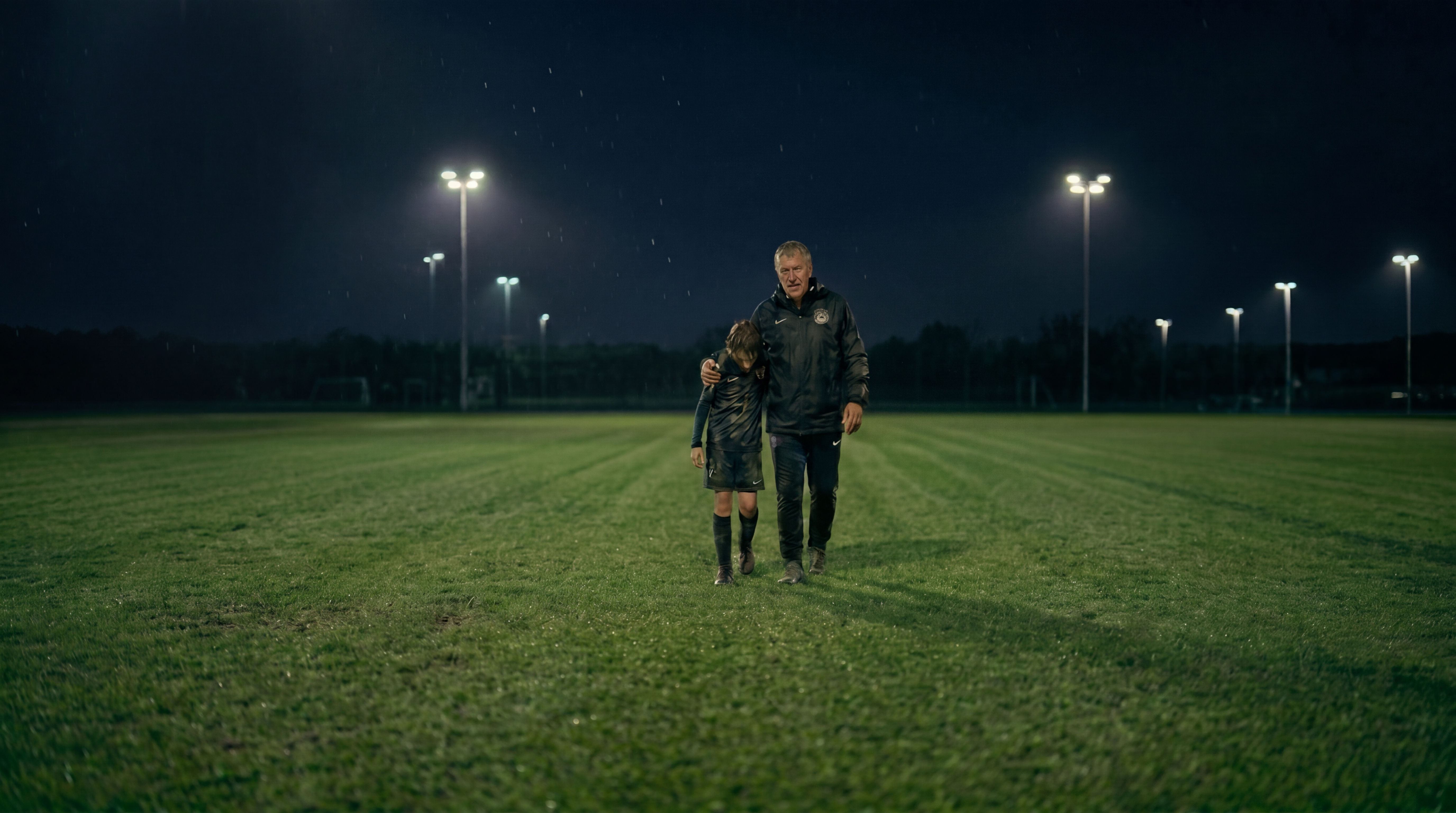 A youth football coach walks off a floodlit pitch at night with his arm around a young player.