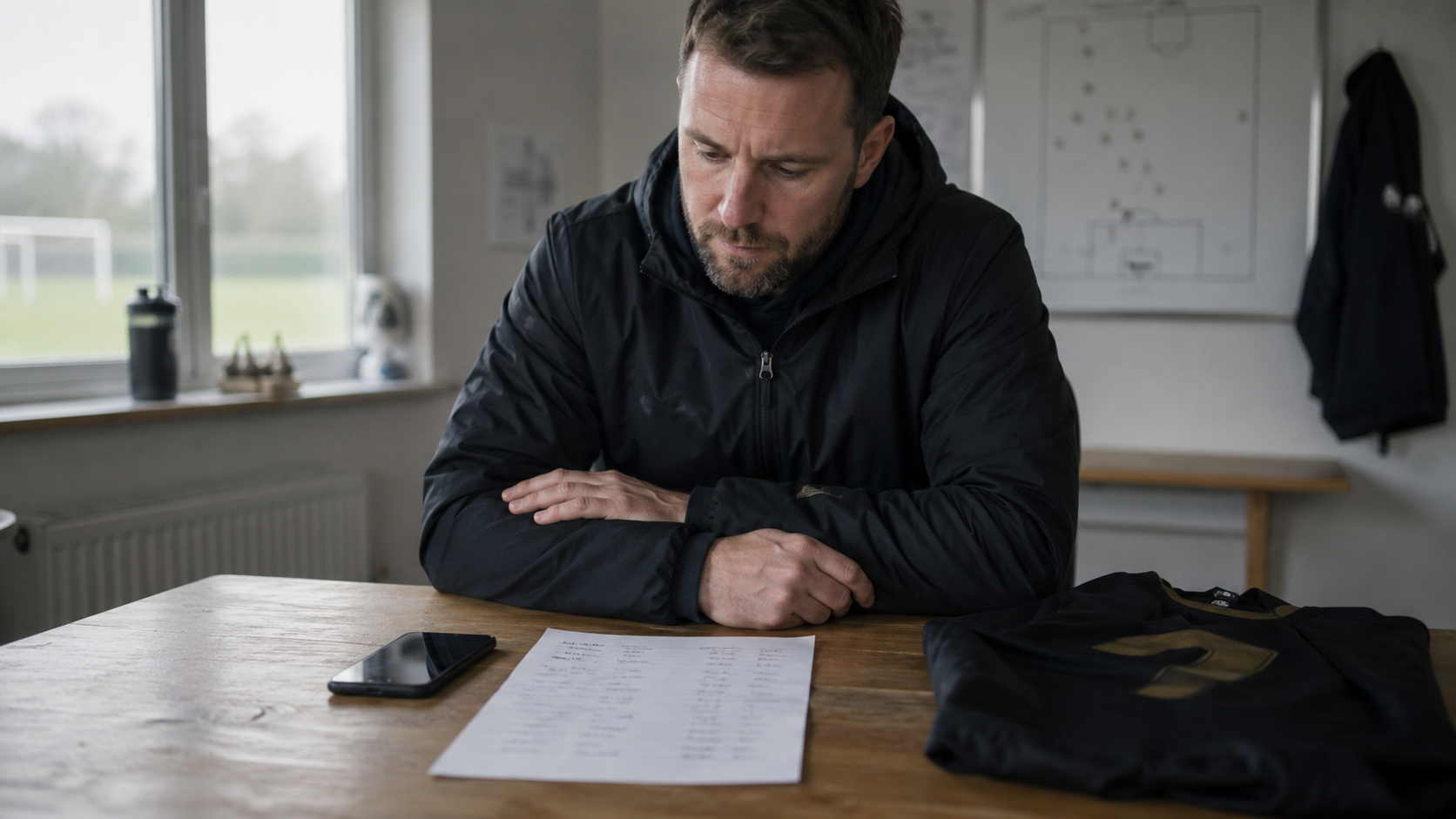 A pensive coach sits at a table with a paper roster and a phone, with a tactics board visible in the background.
