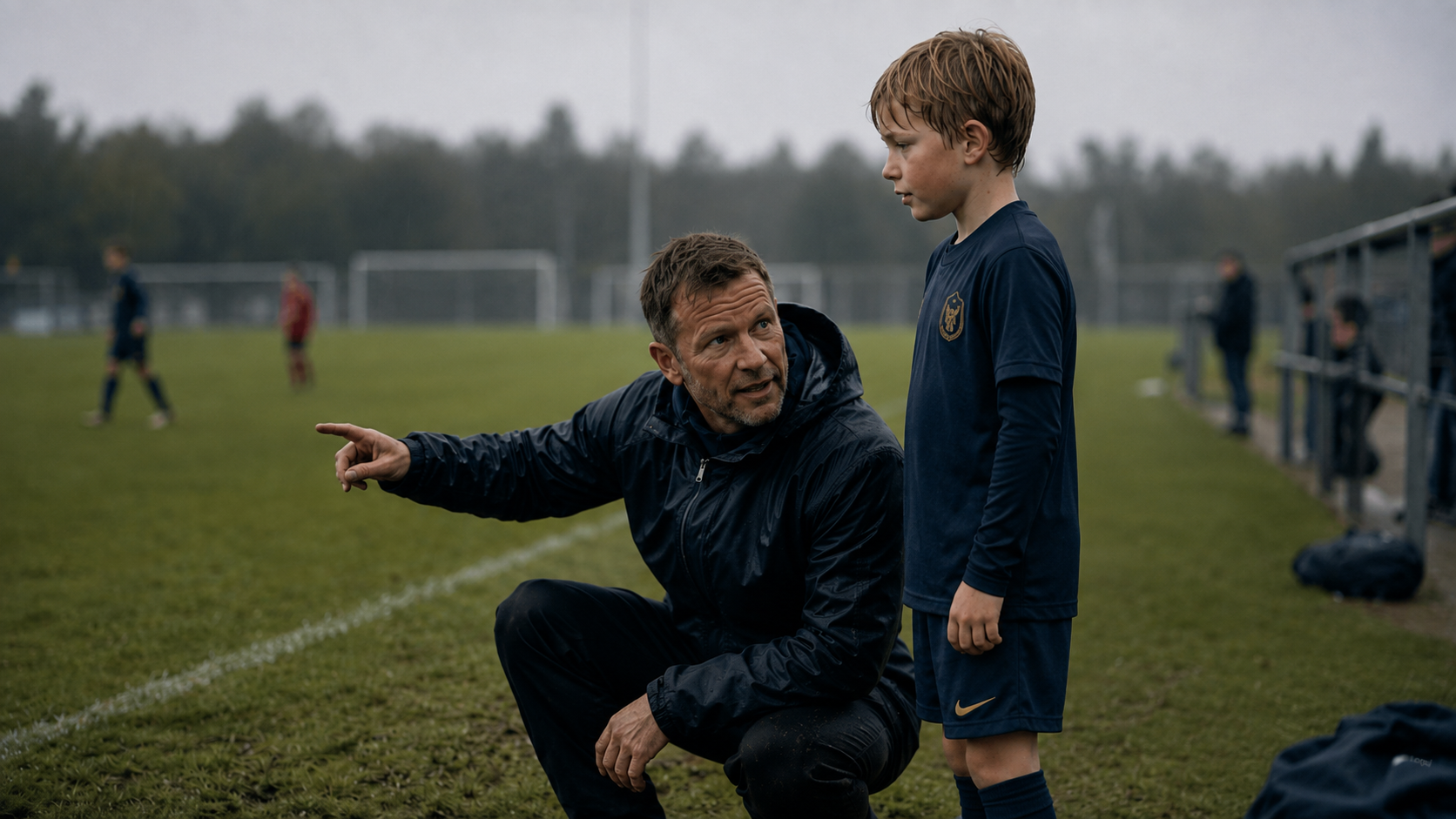 A youth soccer coach kneeling beside a young player at the sideline, pointing towards the pitch while they talk.